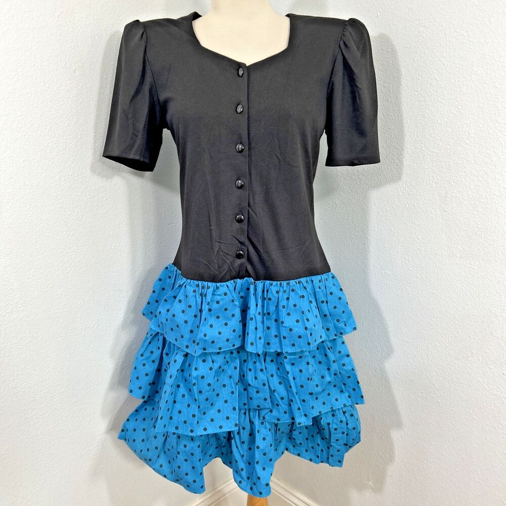 Vtg‎ TJuniors Dress Women 8 Tiered Polka Dot Prairie Cottagecore Festival